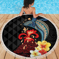 Hawaiian Whale and Volcanic Eruption Beach Blanket Hibiscus and Kakau Pattern LT03 - Polynesian Pride