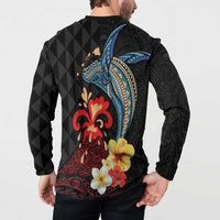 Hawaiian Whale and Volcanic Eruption Button Sweatshirt Hibiscus and Kakau Pattern