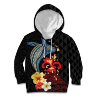Hawaiian Whale and Volcanic Eruption Kid Hoodie Hibiscus and Kakau Pattern
