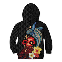 Hawaiian Whale and Volcanic Eruption Kid Hoodie Hibiscus and Kakau Pattern
