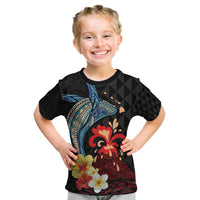 Hawaiian Whale and Volcanic Eruption Kid T Shirt Hibiscus and Kakau Pattern