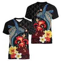 Hawaiian Whale and Volcanic Eruption Women V-Neck T-Shirt Hibiscus and Kakau Pattern