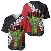 Hawaiian Halloween Baseball Jersey Horror Shaka Hand with Plumeria and Polynesian Tattoo Blood Color LT03 - Polynesian Pride