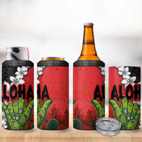 Hawaiian Halloween 4 in 1 Can Cooler Tumbler Horror Shaka Hand with Plumeria and Polynesian Tattoo Blood Color