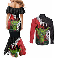 Hawaiian Halloween Couples Matching Mermaid Dress and Long Sleeve Button Shirt Horror Shaka Hand with Plumeria and Polynesian Tattoo Blood Color