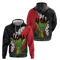 Hawaiian Halloween Hoodie Horror Shaka Hand with Plumeria and Polynesian Tattoo Blood Color