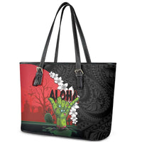 Hawaiian Halloween Leather Tote Bag Horror Shaka Hand with Plumeria and Polynesian Tattoo Blood Color LT03 - Polynesian Pride