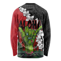 Hawaiian Halloween Long Sleeve Shirt Horror Shaka Hand with Plumeria and Polynesian Tattoo Blood Color