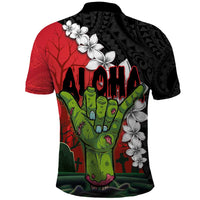 Hawaiian Halloween Polo Shirt Horror Shaka Hand with Plumeria and Polynesian Tattoo Blood Color