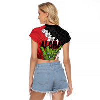 Hawaiian Halloween Raglan Cropped T Shirt Horror Shaka Hand with Plumeria and Polynesian Tattoo Blood Color LT03 - Polynesian Pride