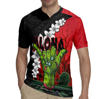 Hawaiian Halloween Rugby Jersey Horror Shaka Hand with Plumeria and Polynesian Tattoo Blood Color LT03 - Polynesian Pride