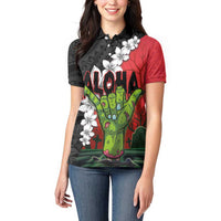 Hawaiian Halloween Women Polo Shirt Horror Shaka Hand with Plumeria and Polynesian Tattoo Blood Color
