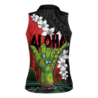 Hawaiian Halloween Women Sleeveless Polo Shirt Horror Shaka Hand with Plumeria and Polynesian Tattoo Blood Color LT03 - Polynesian Pride