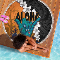 Hawaiian Halloween Beach Blanket Horror Shaka Hand with Plumeria and Polynesian Tattoo Autumn Color