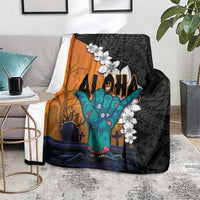 Hawaiian Halloween Blanket Horror Shaka Hand with Plumeria and Polynesian Tattoo Autumn Color LT03 - Polynesian Pride