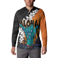 Hawaiian Halloween Button Sweatshirt Horror Shaka Hand with Plumeria and Polynesian Tattoo Autumn Color