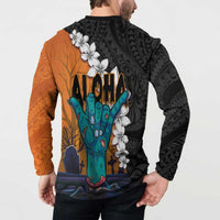 Hawaiian Halloween Button Sweatshirt Horror Shaka Hand with Plumeria and Polynesian Tattoo Autumn Color