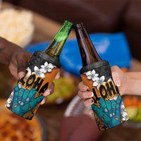 Hawaiian Halloween 4 in 1 Can Cooler Tumbler Horror Shaka Hand with Plumeria and Polynesian Tattoo Autumn Color