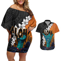 Hawaiian Halloween Couples Matching Off Shoulder Short Dress and Hawaiian Shirt Horror Shaka Hand with Plumeria and Polynesian Tattoo Autumn Color
