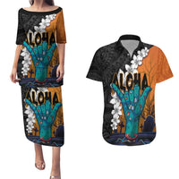 Hawaiian Halloween Couples Matching Puletasi and Hawaiian Shirt Horror Shaka Hand with Plumeria and Polynesian Tattoo Autumn Color