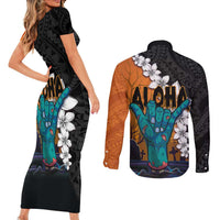 Hawaiian Halloween Couples Matching Short Sleeve Bodycon Dress and Long Sleeve Button Shirt Horror Shaka Hand with Plumeria and Polynesian Tattoo Autumn Color