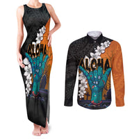Hawaiian Halloween Couples Matching Tank Maxi Dress and Long Sleeve Button Shirt Horror Shaka Hand with Plumeria and Polynesian Tattoo Autumn Color