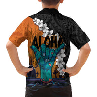 Hawaiian Halloween Family Matching Off Shoulder Short Dress and Hawaiian Shirt Horror Shaka Hand with Plumeria and Polynesian Tattoo Autumn Color