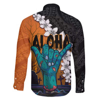 Hawaiian Halloween Family Matching Off Shoulder Short Dress and Hawaiian Shirt Horror Shaka Hand with Plumeria and Polynesian Tattoo Autumn Color