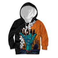 Hawaiian Halloween Kid Hoodie Horror Shaka Hand with Plumeria and Polynesian Tattoo Autumn Color