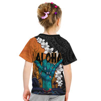 Hawaiian Halloween Kid T Shirt Horror Shaka Hand with Plumeria and Polynesian Tattoo Autumn Color LT03 - Polynesian Pride