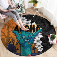 Hawaiian Halloween Round Carpet Horror Shaka Hand with Plumeria and Polynesian Tattoo Autumn Color
