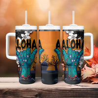 Hawaiian Halloween Tumbler With Handle Horror Shaka Hand with Plumeria and Polynesian Tattoo Autumn Color