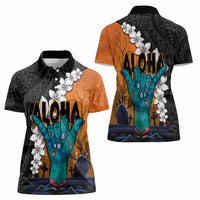 Hawaiian Halloween Women Polo Shirt Horror Shaka Hand with Plumeria and Polynesian Tattoo Autumn Color
