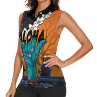 Hawaiian Halloween Women Sleeveless Polo Shirt Horror Shaka Hand with Plumeria and Polynesian Tattoo Autumn Color LT03 - Polynesian Pride
