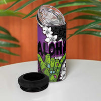 Hawaiian Halloween 4 in 1 Can Cooler Tumbler Horror Shaka Hand with Plumeria and Polynesian Tattoo Midnight Color