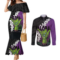 Hawaiian Halloween Couples Matching Mermaid Dress and Long Sleeve Button Shirt Horror Shaka Hand with Plumeria and Polynesian Tattoo Midnight Color