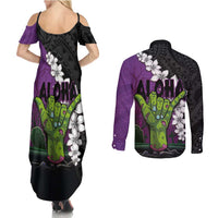 Hawaiian Halloween Couples Matching Summer Maxi Dress and Long Sleeve Button Shirt Horror Shaka Hand with Plumeria and Polynesian Tattoo Midnight Color