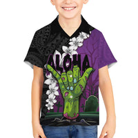 Hawaiian Halloween Kid Hawaiian Shirt Horror Shaka Hand with Plumeria and Polynesian Tattoo Midnight Color LT03 Kid Purple - Polynesian Pride