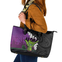 Hawaiian Halloween Leather Tote Bag Horror Shaka Hand with Plumeria and Polynesian Tattoo Midnight Color LT03 Purple - Polynesian Pride