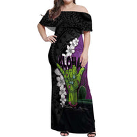 Hawaiian Halloween Off Shoulder Maxi Dress Horror Shaka Hand with Plumeria and Polynesian Tattoo Midnight Color