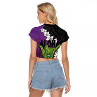 Hawaiian Halloween Raglan Cropped T Shirt Horror Shaka Hand with Plumeria and Polynesian Tattoo Midnight Color LT03 - Polynesian Pride