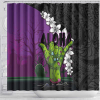 Hawaiian Halloween Shower Curtain Horror Shaka Hand with Plumeria and Polynesian Tattoo Midnight Color LT03 - Polynesian Pride