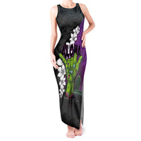 Hawaiian Halloween Tank Maxi Dress Horror Shaka Hand with Plumeria and Polynesian Tattoo Midnight Color