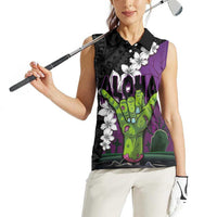 Hawaiian Halloween Women Sleeveless Polo Shirt Horror Shaka Hand with Plumeria and Polynesian Tattoo Midnight Color LT03 - Polynesian Pride