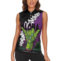 Hawaiian Halloween Women Sleeveless Polo Shirt Horror Shaka Hand with Plumeria and Polynesian Tattoo Midnight Color LT03 - Polynesian Pride