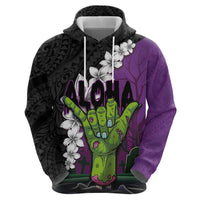 Hawaiian Halloween Zip Hoodie Horror Shaka Hand with Plumeria and Polynesian Tattoo Midnight Color LT03 - Polynesian Pride
