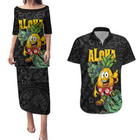Hawaiian Halloween Couples Matching Puletasi and Hawaiian Shirt Aloha Pinapple with Mysterious Hands and Polynesian Tribal Tattoo