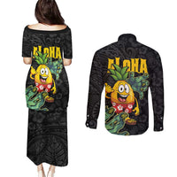 Hawaiian Halloween Couples Matching Puletasi and Long Sleeve Button Shirt Aloha Pinapple with Mysterious Hands and Polynesian Tribal Tattoo