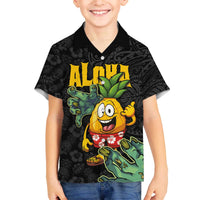Hawaiian Halloween Family Matching Off Shoulder Short Dress and Hawaiian Shirt Aloha Pinapple with Mysterious Hands and Polynesian Tribal Tattoo