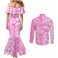 Hawaii Kauai Island Couples Matching Mermaid Dress and Long Sleeve Button Shirts Hibiscus Pattern Seamless Tribal Simple Pink LT03 - Polynesian Pride